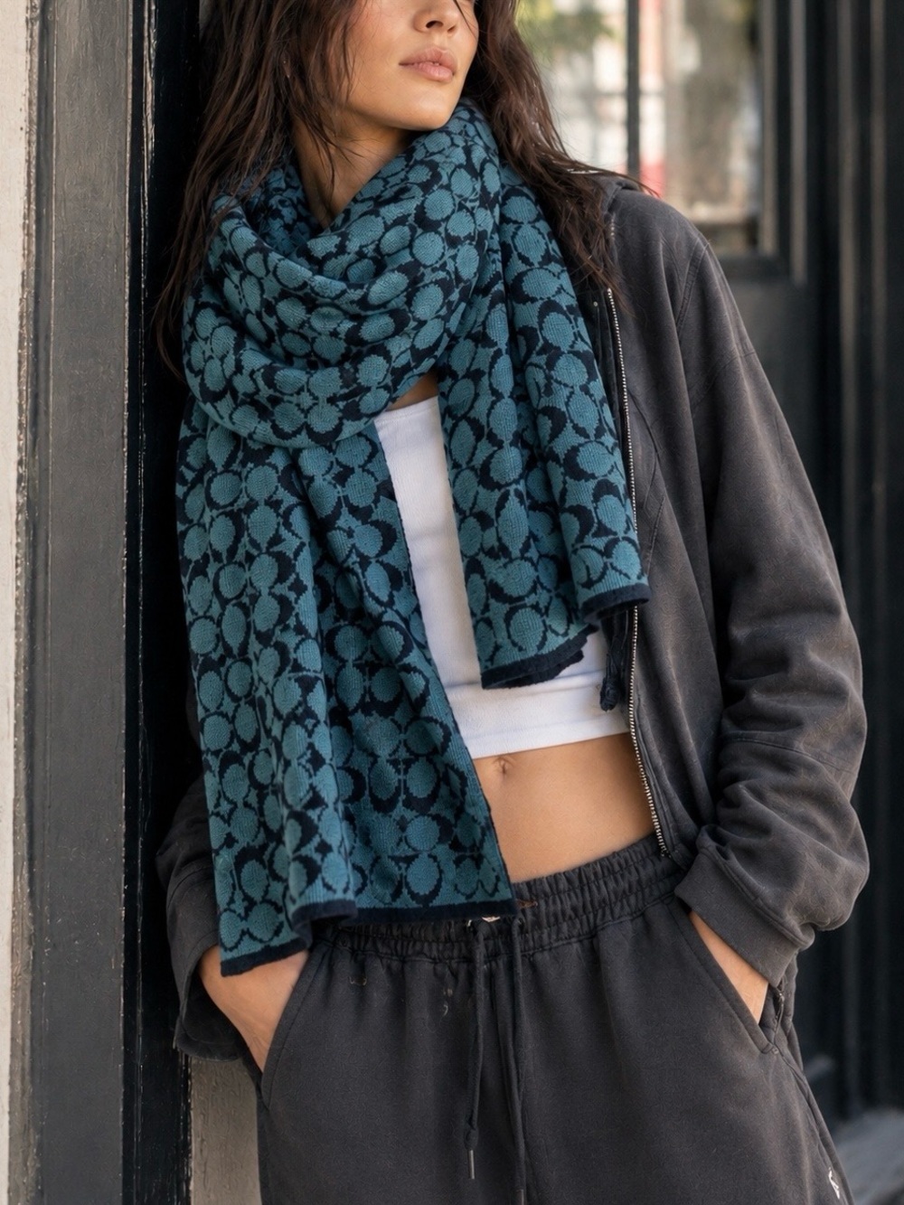 Coach Signature C Merino Wool Scarf Teal Navy 67”